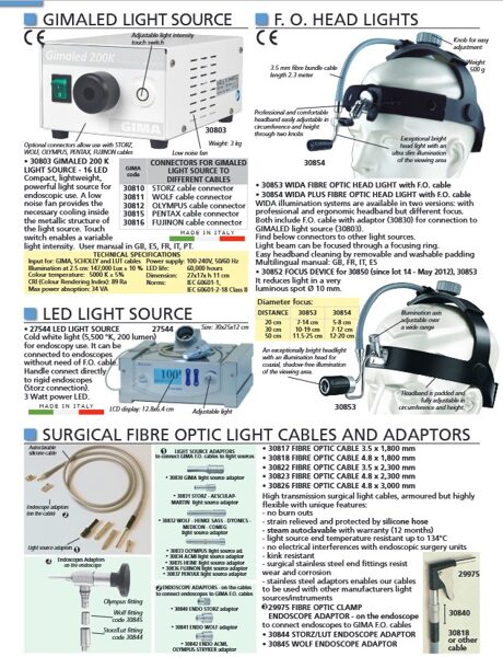 GIMALED LIGHT SOURCE. F. O. HEAD LIGHTS. LED LIGHT SOURCE. SURGICAL FIBRE OPTIC LIGHT CABLES AND ADAPTORS. Cenas un pieejamība pēc pieprasījuma