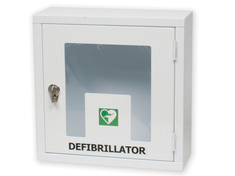 Defibrilatoru skapis ar signalizāciju, balts. Lietošanai iekštelpās. Izmērs: 42,5x18xh 42,5 cm