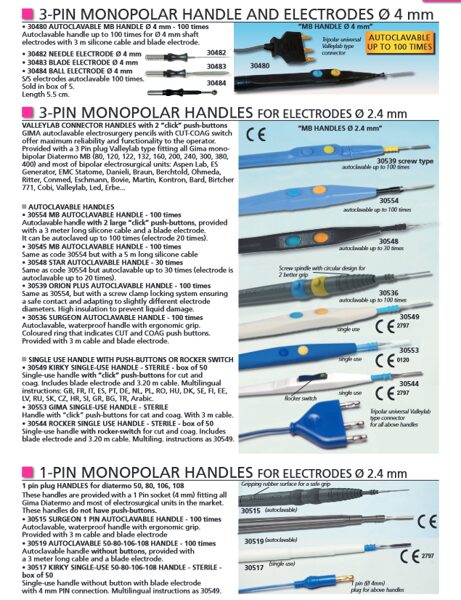 3-PIN MONOPOLAR HANDLE AND ELECTRODES Ø 4 mm, 3-PIN MONOPOLAR HANDLES FOR ELECTRODES Ø 2.4 mm, 1-PIN MONOPOLAR HANDLES FOR ELECTRODES Ø 2.4 mm. Cenas un pieejamība pēc pieprasījuma