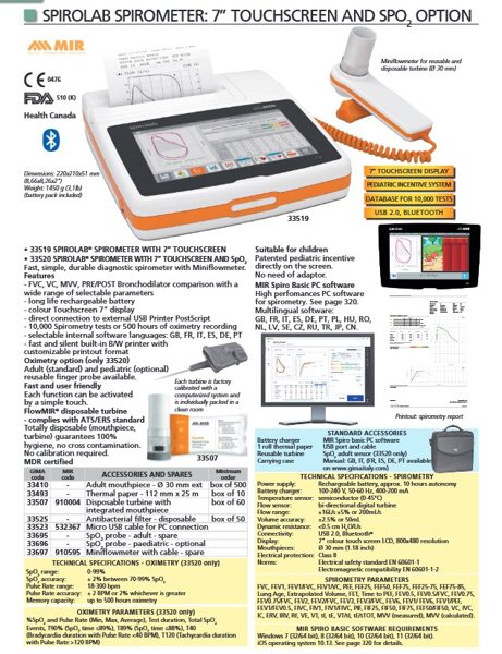 SPIROLAB SPIROMETER: 7” TOUCHSCREEN AND SPO2 OPTION. Cenas un pieejamība pēc pieprasījuma