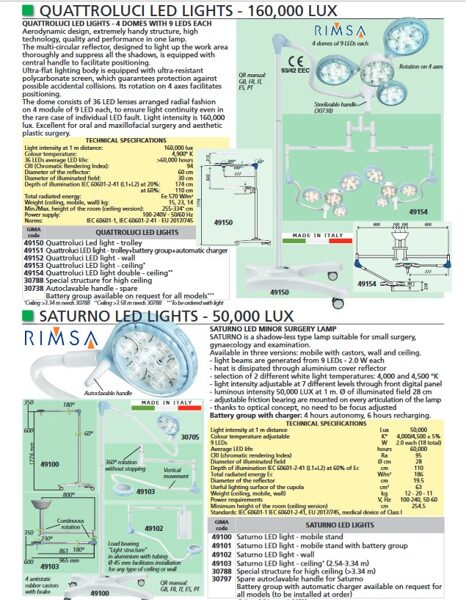 QUATTROLUCI LED LIGHTS - 160,000 LUX, SATURNO LED LIGHTS - 50,000 LUX, PENTALED 12 - 100,000 LUX, PENTALED 28 - 120,000 LUX