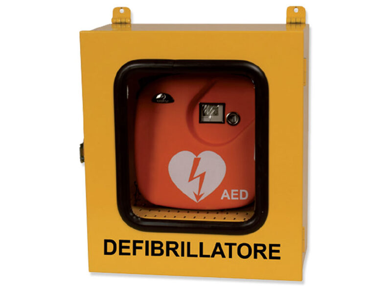 Defibrilatoru skapis ar termoregulācijas sistēmu un signalizāciju, dzeltens. Lietošanai ārtlepās. Izmērs: 43x21xh 48 cm