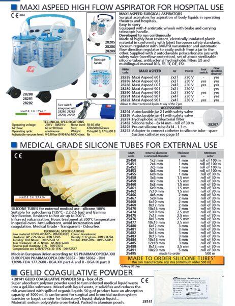 MAXI ASPEED HIGH FLOW ASPIRATOR FOR HOSPITAL USE, MEDICAL GRADE SILICONE TUBES FOR EXTERNAL USE, GELID COAGULATIVE POWDER. Cenas un pieejamība pēc pieprasījuma