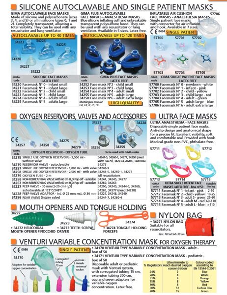 SILICONE AUTOCLAVABLE AND SINGLE PATIENT MASKS. OXYGEN RESERVOIRS, VALVES AND ACCESSORIES. ULTRA FACE MASKS. MOUTH OPENERS AND TONGUE HOLDING. NYLON BAG. VENTURI VARIABLE CONCENTRATION MASK FOR OXYGEN THERAPY. Cenas un pieejamība pēc pieprasījuma 