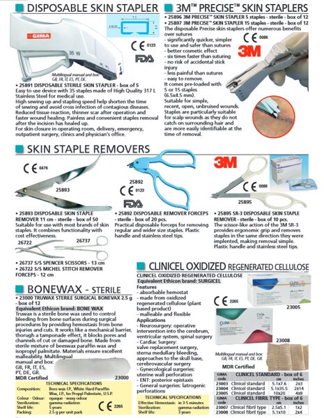 CLINICEL OXIDIZED REGENERATED CELLULOSE, BONEWAX - STERILE, SKIN STAPLE REMOVERS, DISPOSABLE SKIN STAPLER, 3M™ PRECISE™ SKIN STAPLERS. Cenas un pieejamība pēc pieprasījuma 