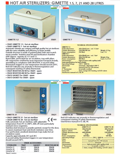 HOT AIR STERILIZERS: GIMETTE 1.5, 7, 21 AND 28 LITRES. Cenas un pieejamība pēc pieprasījuma