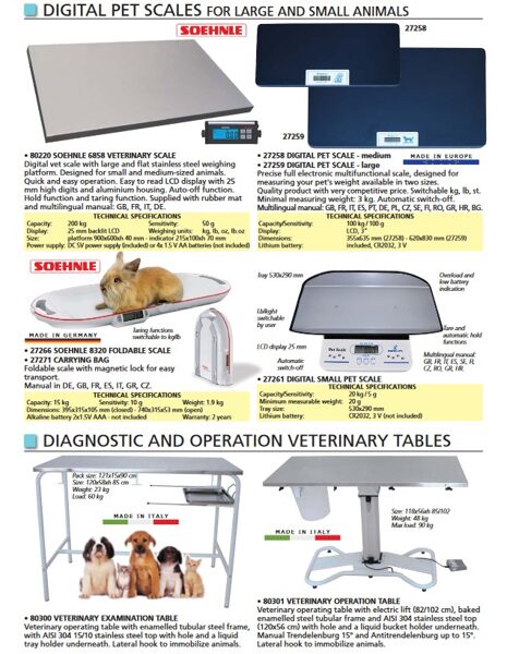 DIGITAL PET SCALES FOR LARGE AND SMALL ANIMALS, DIAGNOSTIC AND OPERATION VETERINARY TABLES