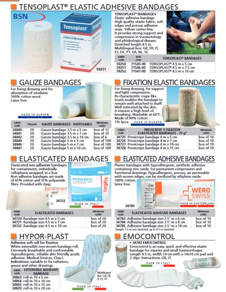 TENSOPLAST® ELASTIC ADHESIVE BANDAGES, GAUZE BANDAGES, FIXATION ELASTIC BANDAGES, ELASTICATED BANDAGES, ELASTICATED ADHESIVE BANDAGES, HYPOR-PLAST, EMOCONTROL. Cenas un pieejamība pēc pieprasījuma 