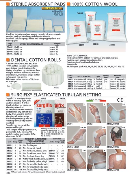 STERILE ABSORBENT PADS, 100% COTTON WOOL, DENTAL COTTON ROLLS, SURGIFIX® ELASTICATED TUBULAR NETTING. Cenas un pieejamība pēc pieprasījuma