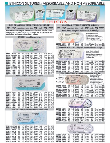 ETHICON SUTURES - ABSORBABLE AND NON ABSORBABLE. Cenas un pieejamība pēc pieprasījuma