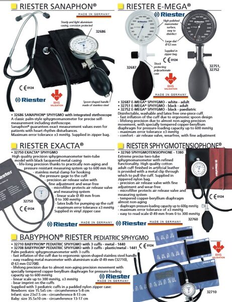 RIESTER SANAPHON®. RIESTER E-MEGA®. RIESTER EXACTA®. RIESTER SPHYGMOTENSIOPHONE®. BABYPHON® RIESTER PEDIATRIC SPHYGMO. Cenas un pieejamība pēc pieprasījuma