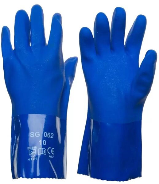 *Cimdi, ķīmiski izturīgi, PVC, 31 cm. Izturīgī pret ķīmisku vielu kaitīgo iedarbību un skābēm