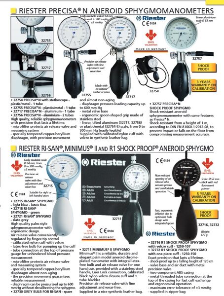 RIESTER PRECISA® N ANEROID SPHYGMOMANOMETERS. RIESTER RI-SAN®, MINIMUS® II AND R1 SHOCK PROOF® ANEROID SPHYGMO.  Cenas un pieejamība pēc pieprasījuma