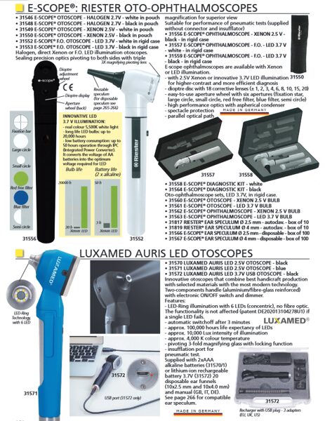 E-SCOPE®: RIESTER OTO-OPHTHALMOSCOPES, LUXAMED AURIS LED OTOSCOPES. Cenas un pieejamība pēc pieprasījuma