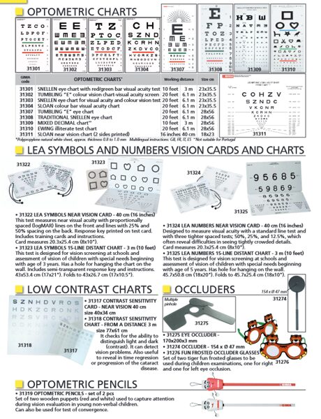 OPTOMETRIC CHARTS, LEA SYMBOLS AND NUMBERS VISION CARDS AND CHARTS, LOW CONTRAST CHARTS, OCCLUDERS, OPTOMETRIC PENCILS. Cenas un pieejamība pēc pieprasījuma