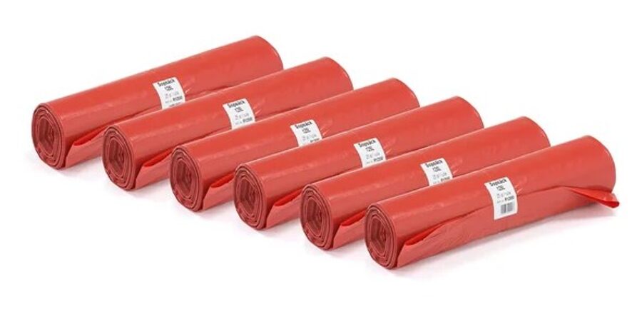 Atkritumu maisi, 125 litri, sarkani, biezums: 50 μ (ļoti biezi), 6 ruļļi