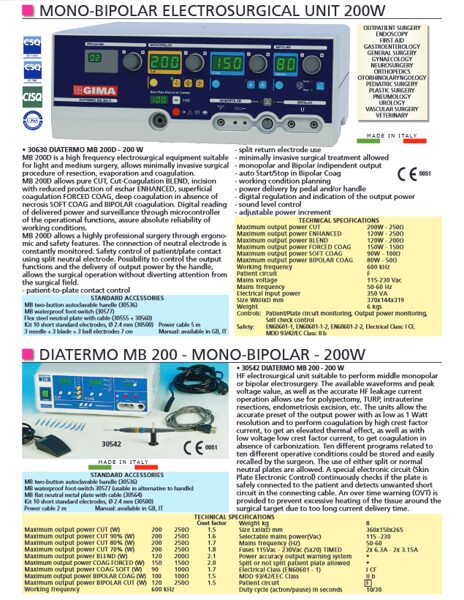 MONO-BIPOLAR ELECTROSURGICAL UNIT 200W, DIATERMO MB 200 - MONO-BIPOLAR - 200W. Cenas un pieejamība pēc pieprasījuma