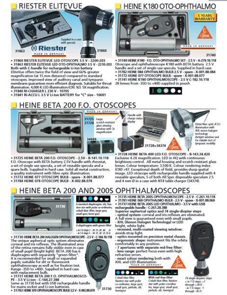 RIESTER ELITEVUE, HEINE K180 OTO-OPHTHALMO, HEINE BETA 200 AND 200S OPHTHALMOSCOPES. Cenas un pieejamība pēc pieprasījuma