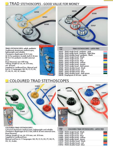 TRAD STETHOSCOPES - GOOD VALUE FOR MONEY. COLOURED TRAD STETHOSCOPES. Cenas un pieejamība pēc pieprasījuma