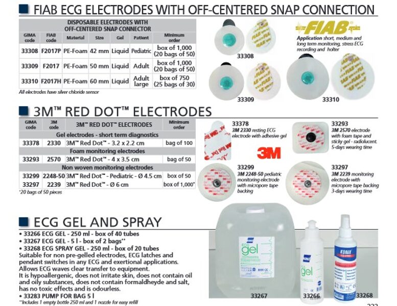 Elektrodi (Ambu, FIAB, 3M™ RED DOT™), spreji, gēli, kabeļi. Cenas un pieejamība pēc pieprasījuma