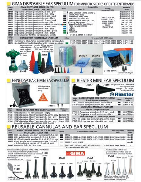 GIMA DISPOSABLE EAR-SPECULUM FOR MINI OTOSCOPES OF DIFFERENT BRANDS, HEINE DISPOSABLE MINI EAR-SPECULUM, RIESTER MINI EAR-SPECULUM, REUSABLE CANNULAS AND EAR SPECULUM. Cenas un pieejamība pēc pieprasījuma