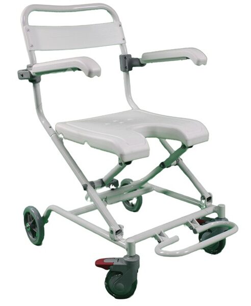Augstākās kvalitātes! *Salokāms dušas ratiņkrēsls ar alumīnija rāmi un plastmasas sēdekli. Tips:  Medicīnas ierīce   Klase:  I