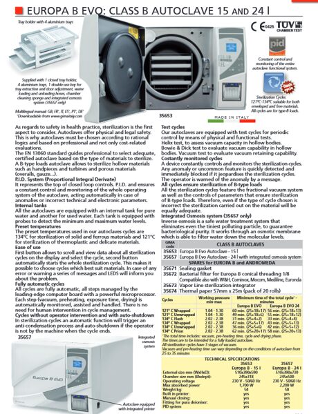 EUROPA B EVO: CLASS B AUTOCLAVE 15 AND 24 l. Cenas un pieejamība pēc pieprasījuma