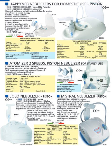 HAPPYNEB NEBULIZERS FOR DOMESTIC USE - PISTON, ATOMIZER 2 SPEEDS, PISTON NEBULIZER FOR FAMILY USE, EOLO NEBULIZER - PISTON, MISTRAL NEBULIZER - PISTON. Cenas un pieejamība pēc pieprasījuma 