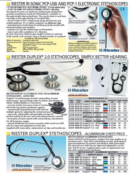 RIESTER RI-SONIC PCP-USB AND PCP-1 ELECTRONIC STETHOSCOPES. RIESTER DUPLEX® 2.0 STETHOSCOPES, SIMPLY BETTER HEARING. RIESTER DUPLEX® STETHOSCOPES - ALUMINIUM CHEST-PIECE. Cenas un pieejamība pēc pieprasījuma