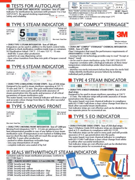 TESTS FOR AUTOCLAVE, TYPE 5 STEAM INDICATOR, 3M™ COMPLY™ STERIGAGE™, TYPE 6 STEAM INDICATOR, TYPE 4 STEAM INDICATOR, TYPE 5 MOVING FRONT, TYPE 5 EO INDICATOR, SEALS WITH/WITHOUT STEAM INDICATOR. Cenas un pieejamība pēc pieprasījuma 