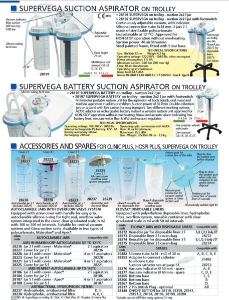 SUPERVEGA SUCTION ASPIRATOR ON TROLLEY, SUPERVEGA BATTERY SUCTION ASPIRATOR ON TROLLEY, ACCESSORIES AND SPARES FOR CLINIC PLUS, HOSPI PLUS, SUPERVEGA ON TROLLEY. Cenas un pieejamība pēc pieprasījuma 