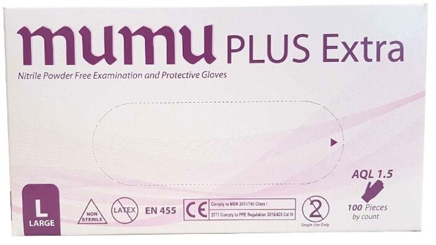 Sertificēti medicīniskie augstas kvalitātes nepūderēti NITRILA gumijas cimdi MUMU PLUS Extra, 100 gab. (min. daudzums 10 kastītes), zili, S, M, L vai XL izmērs/Disposable nitrile glove