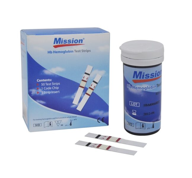 *Mission® hemoglobina testa strēmeles, 50 gab. Ražotājs: ACON Laboratories, Inc., ASV