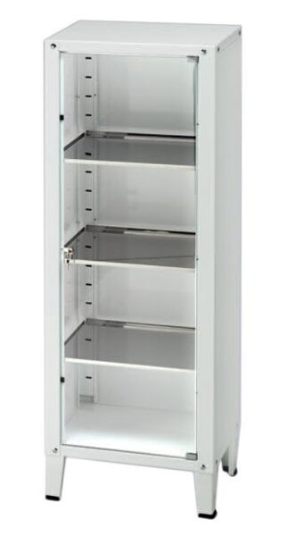 Skapis no emaljētas tērauda loksnes ar rūdīta stikla durvīm. Izmērs: 52 x 35 x 138 cm. Ražots Itālijā