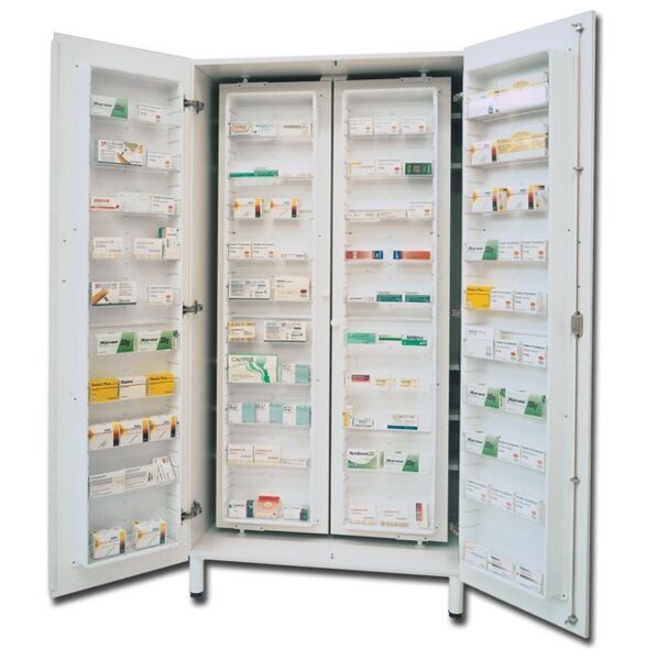 Zāļu/ārstniecības skapis, balts. Materiāls: divslāņu plāksne/bi-laminēta plāksne. Izmērs: 100 x 60 xh 195 cm. Ražots Itālijā