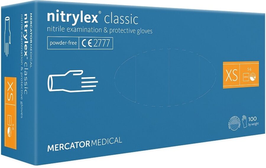 Sertificēti augstas kvalitātes vienreizlietojamie nepūderēti NITRILA gumijas cimdi NITRYLEX CLASSIC, 100 gab., zili, XS, S, M, L vai XL izmērs/Disposable nitrile gloves