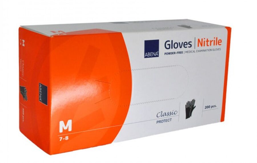 *Sertificēti augstas kvalitātes nepūderēti NITRILA gumijas cimdi ABENA, 200 gab., melni, S, M, L vai XL izmērs/Disposable nitrile glove