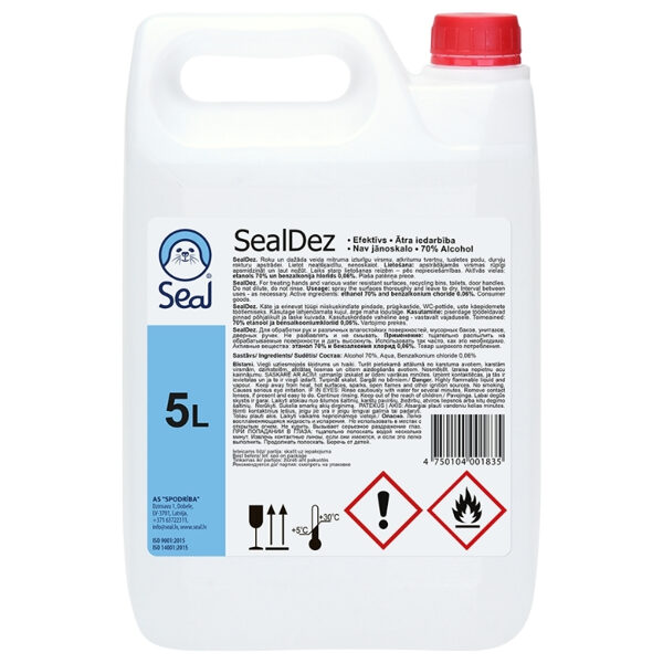 NOLIKTAVĀ! Dezinfekcijas līdzeklis Seal Dez 5L, rokām un virsmām, 5 litri. Aktīvās vielas: etanols 70% un benzalkonija hlorīds 0,06%