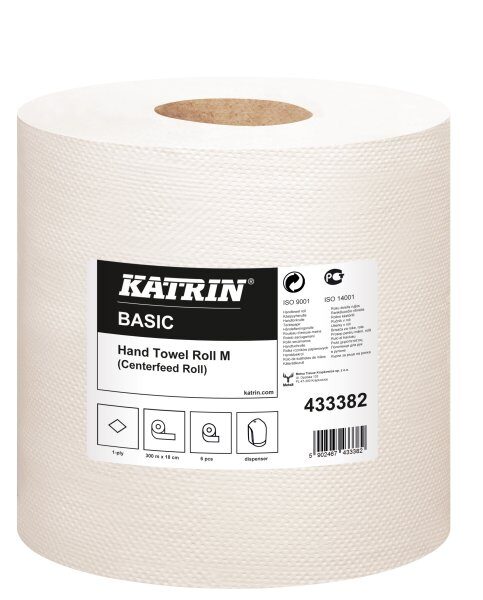 *Roku dvieļi KATRIN Basic M, 1-slāņa, 300 m, balti, 6 ruļļi